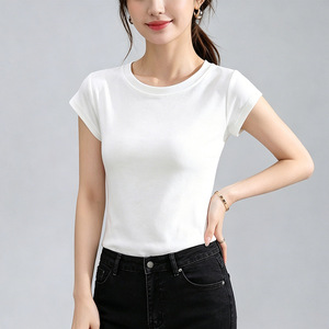 T-shirt à manches courtes pour femme, coupe ajustée, 93,9 % coton, 6,1 % élasthanne, 180 g/m², logo brodé, blanc, noir, gris, t-shirts basiques - Product Image 3