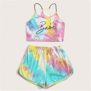 Ensemble 2 pièces sexy pour femme : hauts et shorts imprimés tie-dye avec lettres, sans manches, pour l'été, style pyjama - Product Image 3