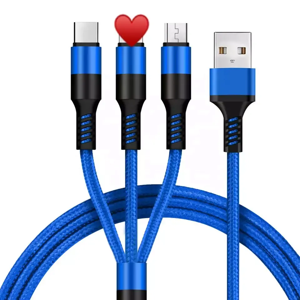 Phone Charging 3 in 1 Micro USB Type C Cable Braided 10ft Charger Cable For Mobile Phones Data Charger Cable