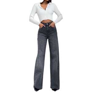 Jean droit en denim délavé effet vieilli, taille haute, pour femme, style mode - Product Image 1