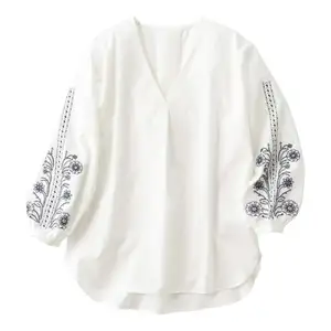 ファッション刺Embroidery Vネックバブル長袖秋の女性のシャツ
