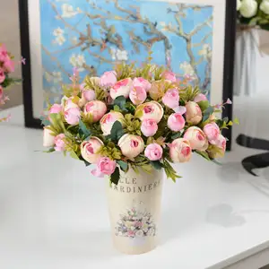Grosir vas buatan tanaman bunga-Semprotan Camellia Bunga Buatan 2022, Bunga Buatan Sutra dengan Batang Panjang Teh Mawar Sintetis untuk Buket Pengantin Perempuan