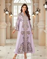 Abaya Maxi Kaftan Musulmane Multicolore à Col Montant en Polyester Imprimé Floral avec Strass, Légère, Respirante et Infroissable pour Adultes