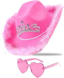 <span class=keywords><strong>Sombrero</strong></span> Vaquero Rosa con Lentejuelas y Corona <span class=keywords><strong>de</strong></span> Tiara para Mujer, Uso en Fiestas <span class=keywords><strong>de</strong></span> las Cuatro Estaciones, Ajustable, con Gafas <span class=keywords><strong>de</strong></span> Corazón y Banada - Product Image 1