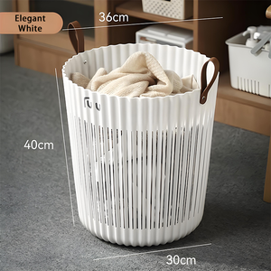 Multi Sizes Round Hollow Laundry Basket PP PBT Clothes Storage <strong>Hamper</strong> With PU Leather Handle Wholesale OEM Bathroom Storage Bin - Product Image 5