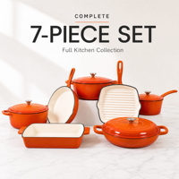 Set Peralatan Masak Besi Cor Berlapis Email 7 Buah, Panci Saus Oranye Dutch Oven, Wajan Panggangan, Casserole, Set Panci Hadiah Dapur Grosir OEM