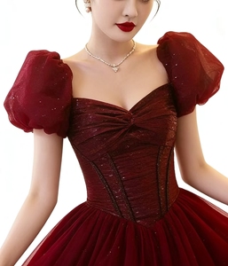 S0232Y 2026 Nuovo Abito da Sera/Festa da Donna Rosso Lungo fino al Pavimento, Linea ad A, in Tulle, con Maniche a Sbuffo e Scollo a Cuore - Product Image 4