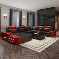 Ensemble de canapés en cuir véritable en forme de U, grand format, pour salon, style américain, avec éclairage LED
