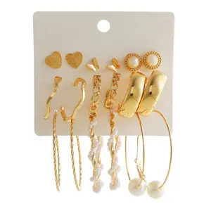 Simple C-shaped Large Hoop Earrings Combination Set 9 Pairs Of Geometric Pearl Love Butterfly Earrings For Women