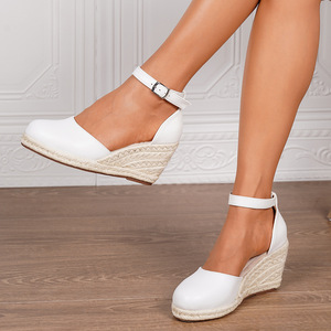 Sandales compensées pour femmes, best-seller transfrontalier pour l'été - Sandales en paille ajourées à bout rond monobloc - Product Image 4