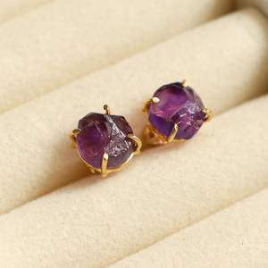 8-10mm Elegant Prong Set Raw Amethyst <b>Stud</b> Earrings with Gold Plating Handcrafted Raw Gemstone Jewelry for Gift - Product Image 5