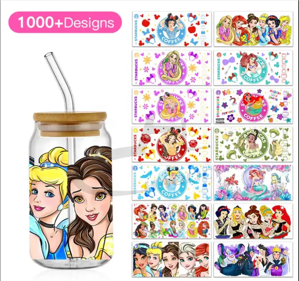 Papel de transferencia personalizado UV DTF vinilo diseños de envoltura de taza para 16oz 20oz 24oz Libbey tazas de vidrio tazas de café vasos adhesivos