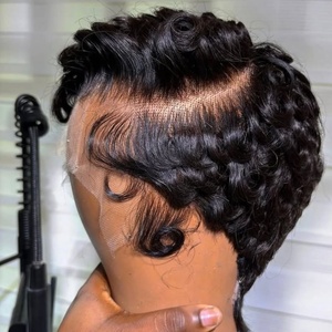 Ấn Độ Brazil nguyên Remy tóc con người tiwa chioma PIXIE cắt <span class=keywords><strong>Curl</strong></span> lượn sóng 13x4 đầy đủ ren ren phía trước tóc giả - Product Image 1