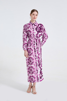 Robe chemise élégante rétro à motif porcelaine, taille naturelle, silhouette droite, col à revers, manches longues, avec lien, pour le quotidien