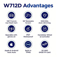 Carpuride W712D TPMS Pantalla Táctil IPS para Motocicleta con CarPlay, Android Auto, Navegación GPS, Resistente al Agua, 7 Pulgadas, 1080p, Grabación en Bucle