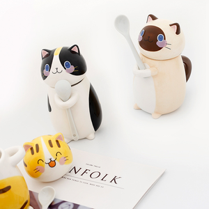 수제 귀여운 고양이 세라믹 머그컵, 스푼 뚜껑 포함, 실용적인 커피/우유/아침식사용 음료 용기, 일상 가정 및 사무실용 - Product Image 5