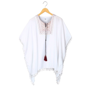 Robe de plage d'été pour femme HDJ, col en V, broderie à pompons, coupe ample, longueur midi, maillot de bain 85*80CM, polyester blanc W22054-34 - Product Image 3