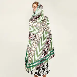 Women Fashion Belt Pattern Satin Square lady Design Handkerchief Bandanna foulard 135x135cm Luxury Brand Twill Silk Large Scarf