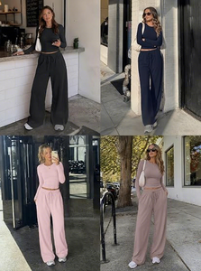 Ensemble Lounge Tricoté Rose pour Femme – Haut Court à Manches Longues et Pantalon Large – Confortable et Décontracté – Couleur Unie – Coupe Ample - Product Image 6