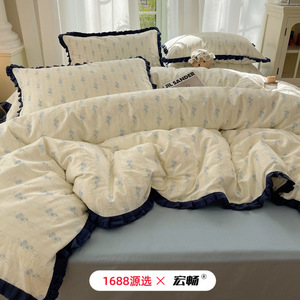 Korean Style Pure Cotton Printed Four-Piece <b>Bedding</b> <b>Set</b> With Lace Trim Breathable Autumn Winter Use - Product Image 3