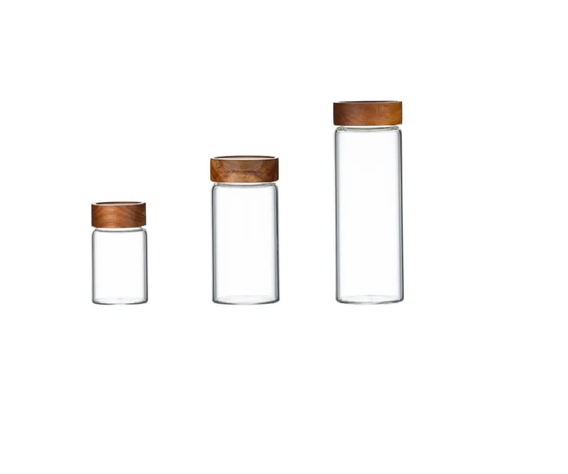 2024 nuevo producto espiral grano boca borosilicato vidrio tanque de almacenamiento Acacia tapa de madera vidrio sellado lata té tarro miel olla