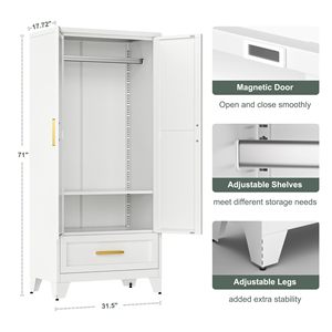<span class=keywords><strong>Armoire</strong></span> de chambre à coucher en métal avec portes battantes modernes et minimalistes, tringle de suspension réglable, étagères et rangement pour balais - Product Image 2