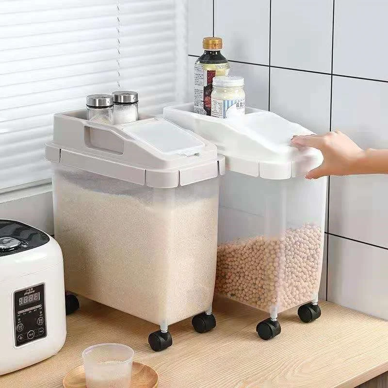 2022 New Model Plastic Big 10kgs Rice Storage Box With Lids And Wheels Large Food Container