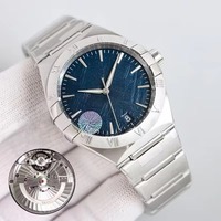 Montre mécanique pour homme haut de gamme, bracelet en acier intégré, boîtier en acier, cadran bleu denim, luminescent, étanche, verre saphir