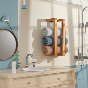 Wooden Towel Rack Wall Mounted 3 <b>Bars</b> Storage Organizer Bathroom <b>Shelf</b> - Product Image 2