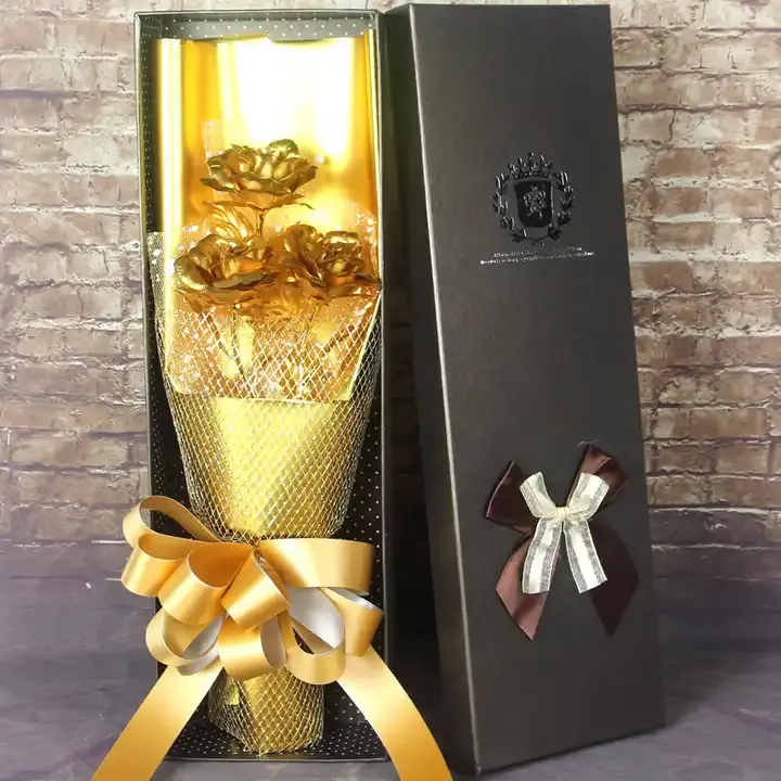 Venta al por mayor de lujo 3 piezas hoja de oro rosa caja Navidad San Valentín regalo para novia imitar 24K oro flor caja de regalo