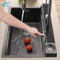 Évier de cuisine intelligent multifonctionnel en acier inoxydable SUS304, fait main, avec robinet cascade encastré, pour plan de travail à cuve unique - Grande Vente