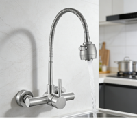 Robinet de cuisine mural monocommande en acier inoxydable de style moderne, avec cartouche céramique, finition brossée, 2 trous, pour usage hôtelier