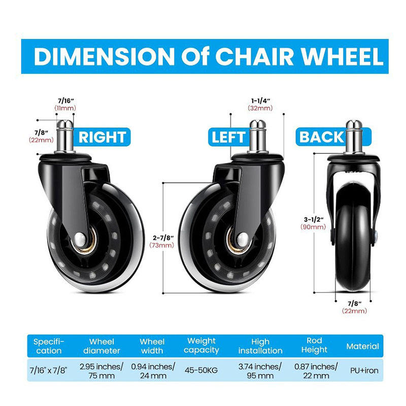 Heavy Duty 3-Inch Office Chair Wheels Soft Replacement Set 5 Rubber Chair Casters Brake for Hardwood Floors Plastic Living Room