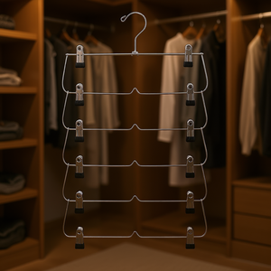 Porte-pantalon pliable à 6 niveaux DB, finition chromée avec pinces pour organiser et ranger les vêtements, jupes, pantalons, serviettes, foulards - Product Image 2