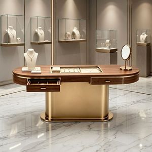 Présentoir à bijoux ovale avec tiroirs intégrés et plateaux en verre encastrés ; Vitrine de présentation de bijoux de luxe de style îlot - Product Image 4