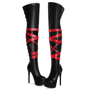 รองเท้าบูทผู้หญิงไซส์ใหญ่ 47 พื้นหนา แบบสวมสูงเหนือเข่า  ผูกเชือก  สายรัดไขว้สีแดง - Product Image 2