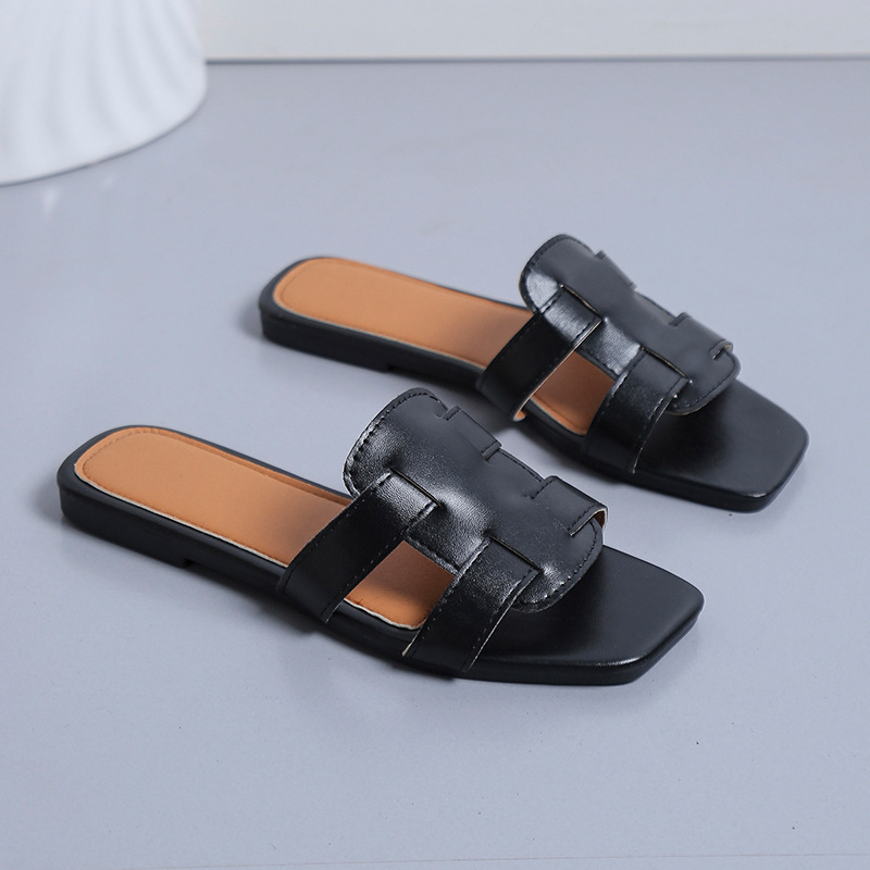 2023 New Slides Shoes Ladies Rubber PU Flat Sandals Slippers Womens Summer Beach Shoes