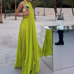 Vestido de playa halter sin espalda de moda, elegante, con hombros descubiertos, drapeado, maxi, casual, con abertura, estilo bohemio <span class=keywords><strong>para</strong></span> <span class=keywords><strong>mujer</strong></span> - Product Image 2