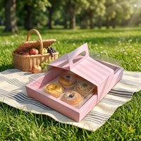 Roze dubbele grid-handgreep recyclebare food grade taartdoos met transparant PET venster, UV-coating, twee compartimenten, dessert cadeaudoos voor mousse