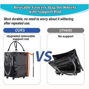 Sac d'épicerie réutilisable sur roulettes avec poteau de soutien Grand sac fourre-tout roulant Sacs à provisions étanches avec couvercle à glissière - Product Image 3