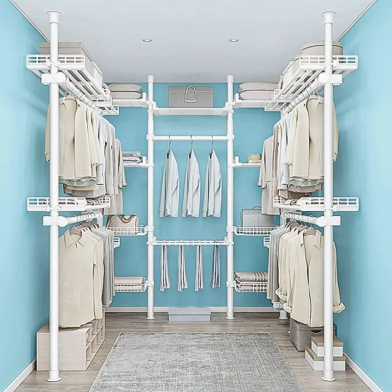 Sistem tiang lemari pakaian terbuka logam kamar tidur, Lemari lemari mudah digerakkan, sistem lemari portabel kombinasi Diy putih