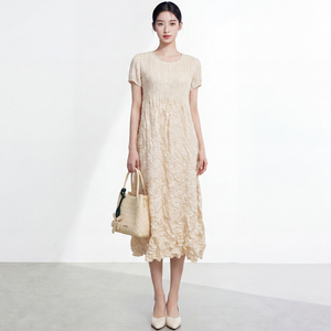 Vestido Midi Plisado con Cuello Romántico para Mujer, Color Sólido, Tejido de Poliéster Transpirable y Lavable, Manga Corta, Elegante y Elástico - Product Image 1