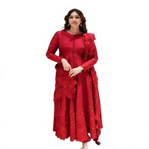 Women's Red Floor Length Traditional Dress With <b>Lace</b> <b>Sleeves</b> And Cape Loose Fit Wedding Attire India Pakistan Style - Product Image 1