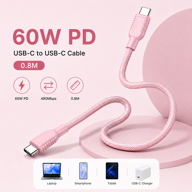 0.8M 60W USB C Charging Cable 3A Type C to Type C Nylon Braided Fast Charger Cable for Mobile Devices Power Bank