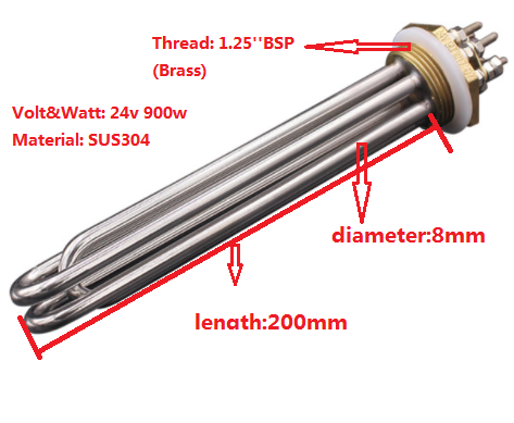 24V 900W 304 Stainless Steel Submersible Water Heater Element – 180mm Tube Length, DN25/1" NPT Thread For Tanks, Steamers, And Large Vessels