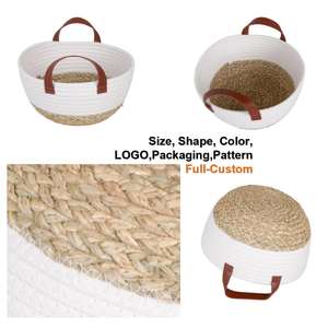 Cesta de Almacenamiento Tejida Personalizable de Jacinto de Agua Natural de Tres Ángulos, Esparto y Cuerda de Algodón con Asa de PU - Product Image 2