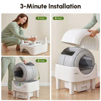 Bac à litière automatique intelligent pour chat avec fonction de désodorisation, contrôle par application, design carré ouvert, grande capacité 65L pour plusieurs chats
