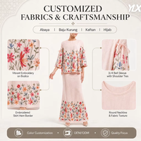 Ensemble Baju Kurung brodé de fleurs roses sur mesure, manches longues, robe modeste pour femmes musulmanes, OEM Malaisie