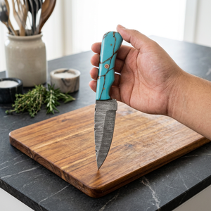 Couteau à lame fixe Drop Point en acier Damas, manche en bois Pakka bleu, pour camping, bricolage, survie, garantie 3 ans - Prix abordables - Product Image 1