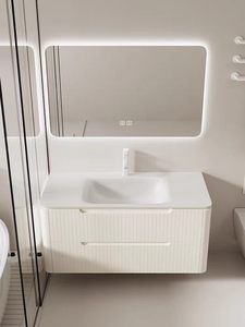 Meuble de salle de bain personnalisé en pierre de Keramin importée, style crème, avec vasque intégrée thermoformée, fixation murale, miroir inclus, écologique - Product Image 5